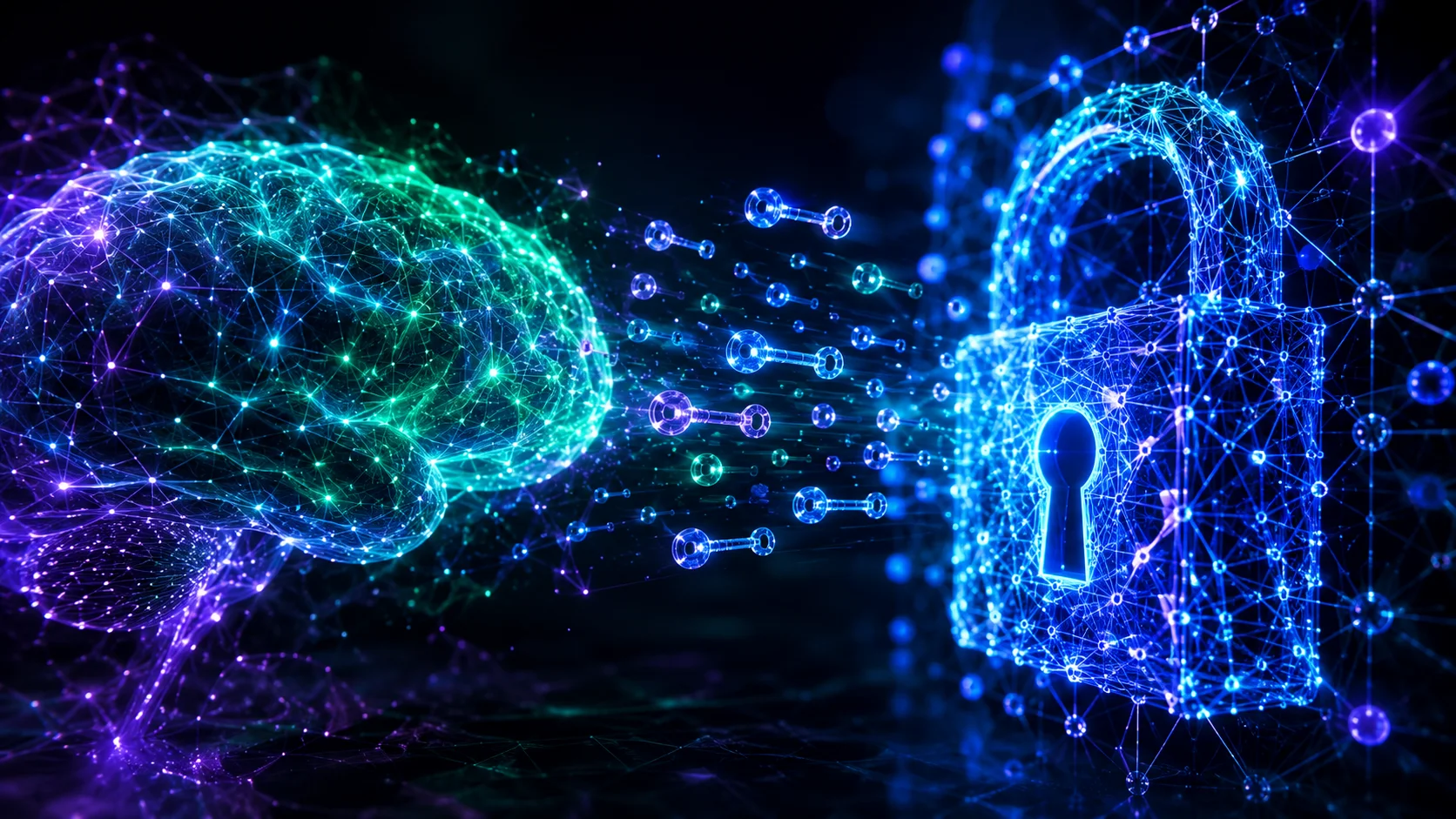Neural network patterns overlaid on a cryptographic key lattice — AI and cryptography, explained