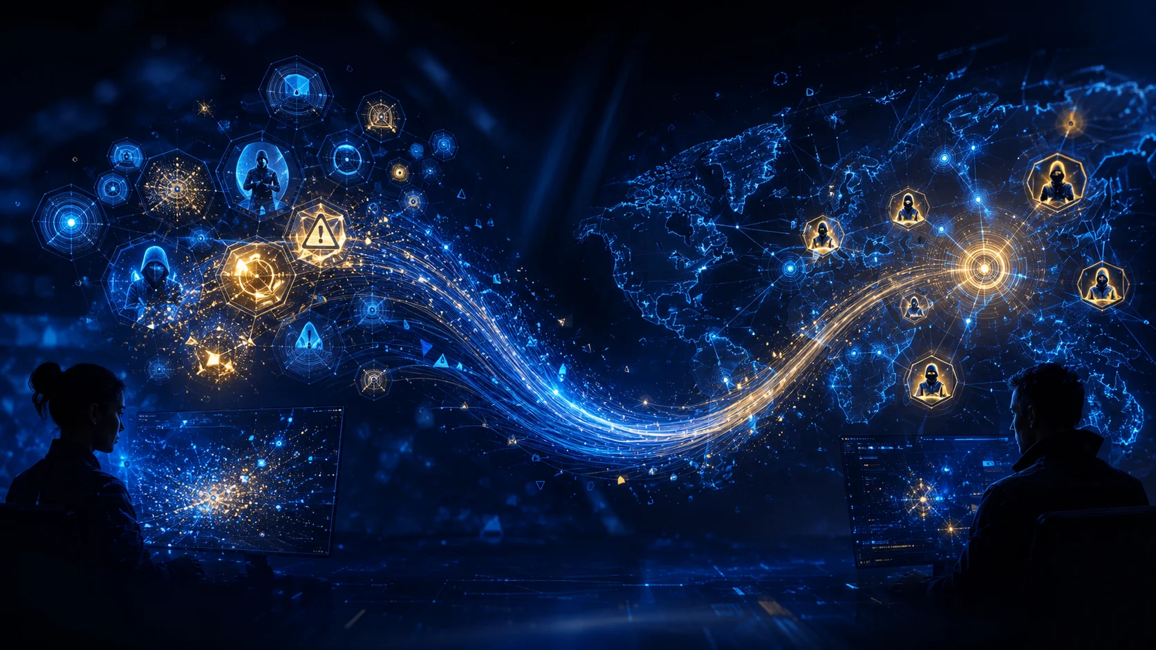 Streams of raw signals converging into a single analyzed report — cyber threat intelligence