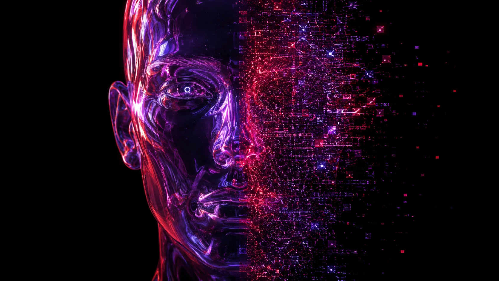 A face mid-transformation between real and synthetic — deepfake video and voice generation, explained