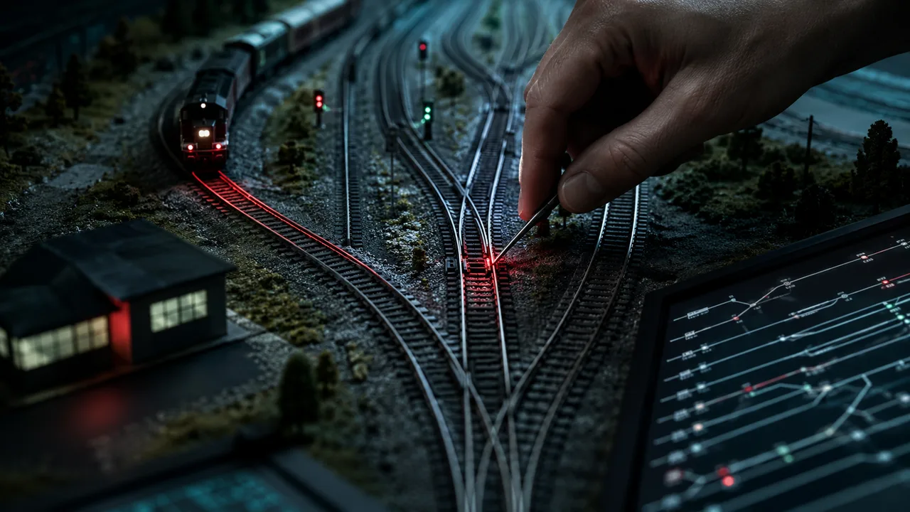 A hand switching a single railway point as a train approaches, one route lit in red