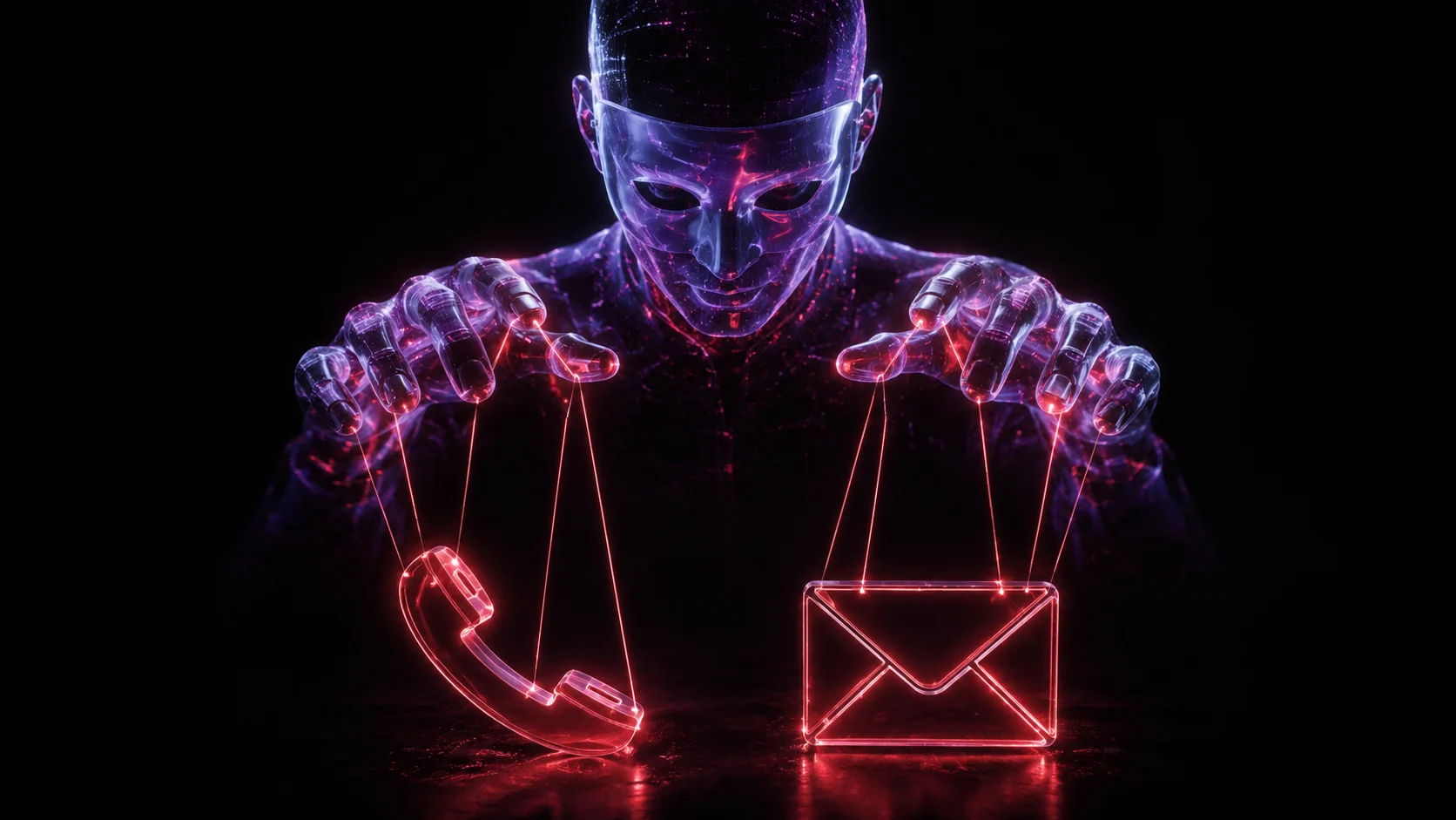 A hand reaching through a screen toward a person, illustrating manipulation rather than a technical exploit — social engineering