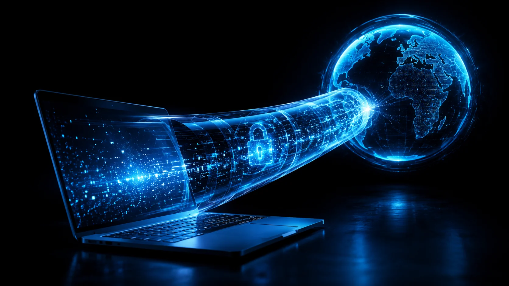 An encrypted tunnel running between a device and a VPN server, with traffic continuing openly beyond it — how a VPN actually works