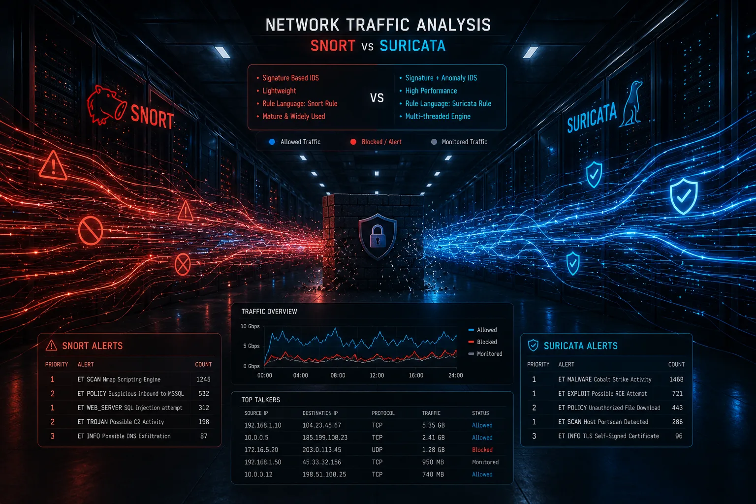 Snort vs Suricata comparison illustration