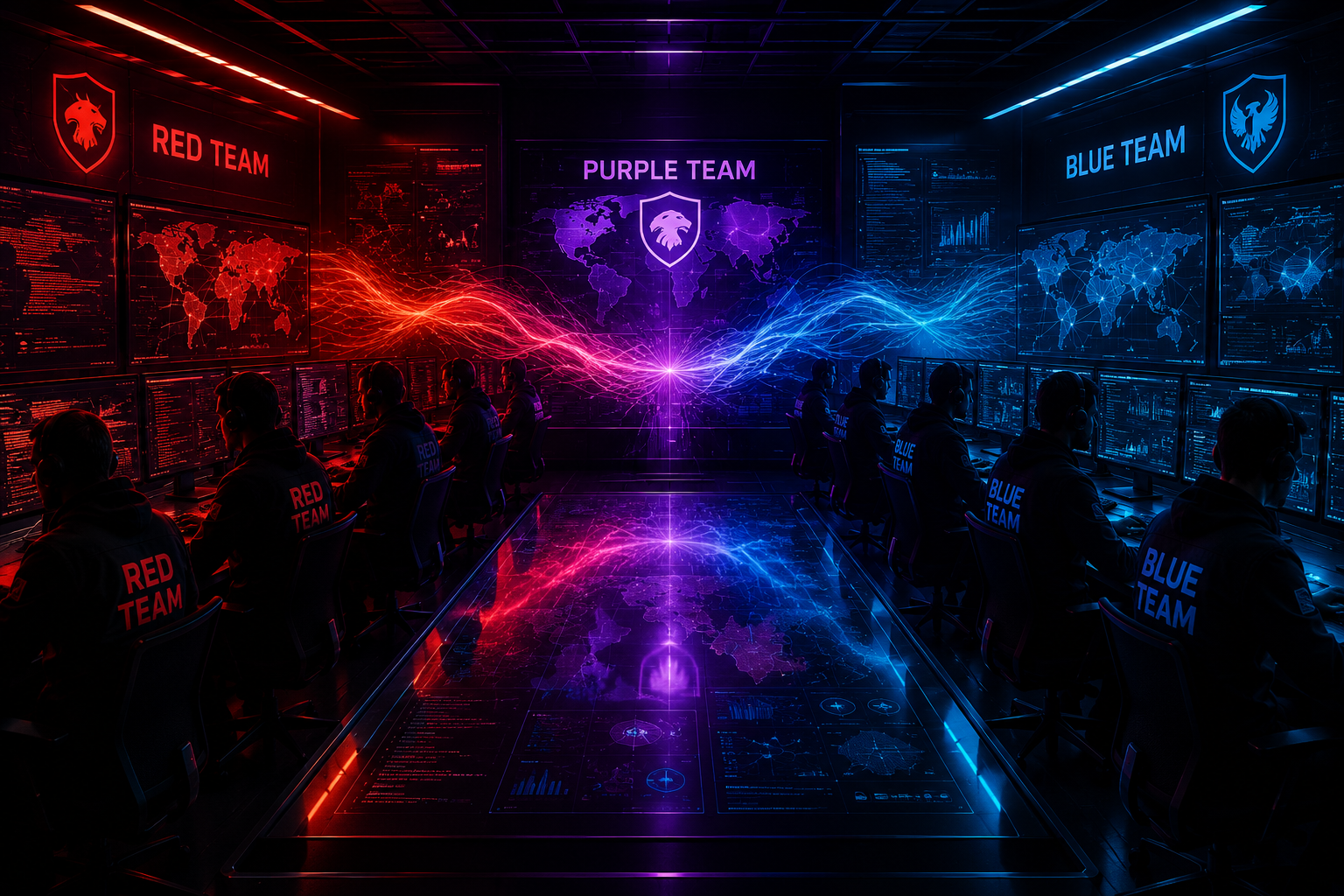 Equipo rojo, azul y morado explicado — ilustración