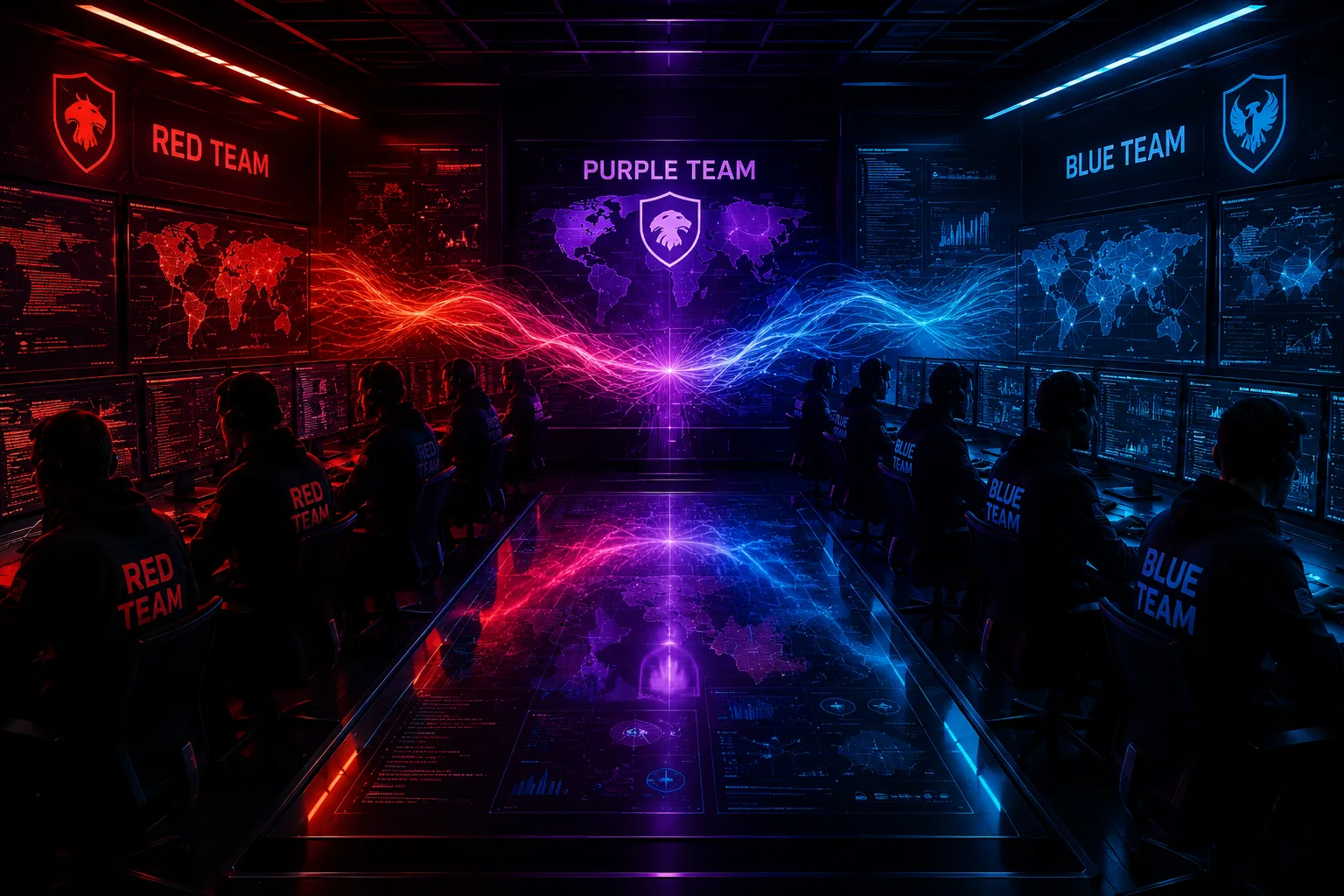 Equipo rojo, azul y morado explicado — ilustración